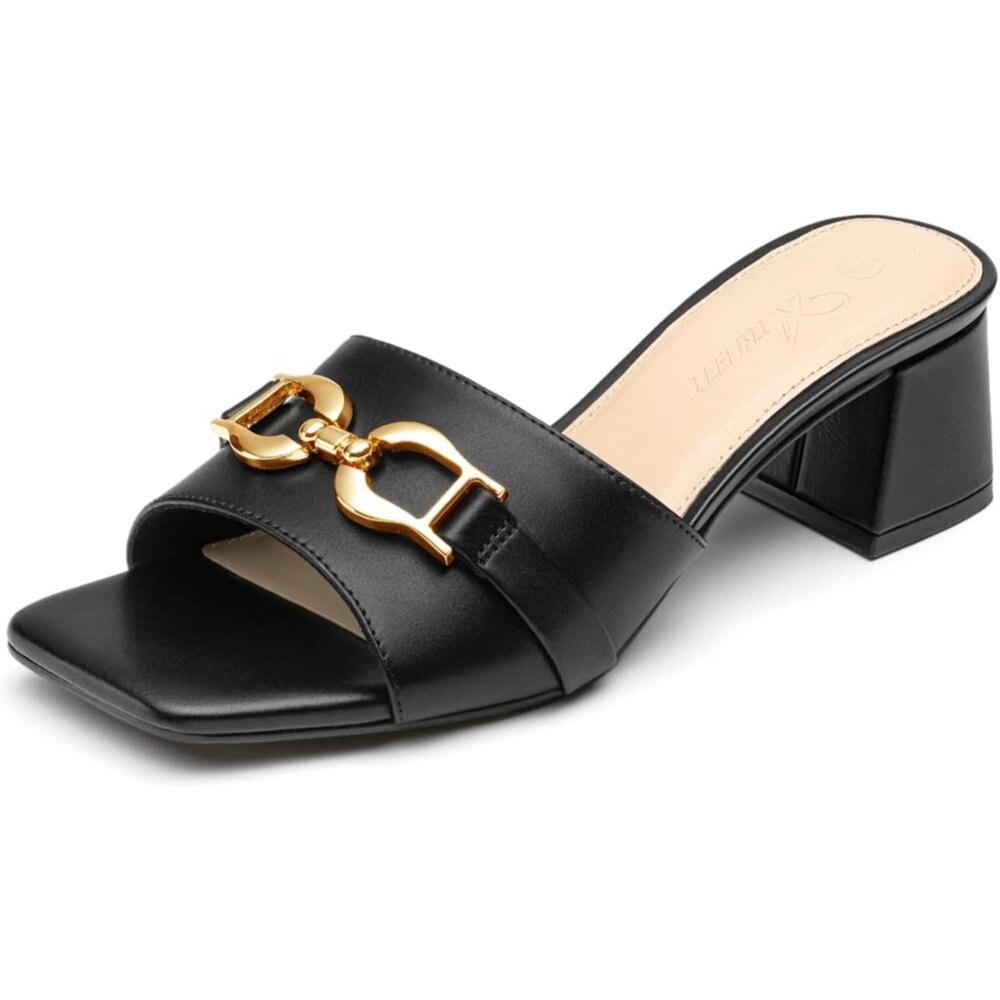Women's Black Raffia Heeled Sandals Square Open Toe Slip On Mules Chunky Heels